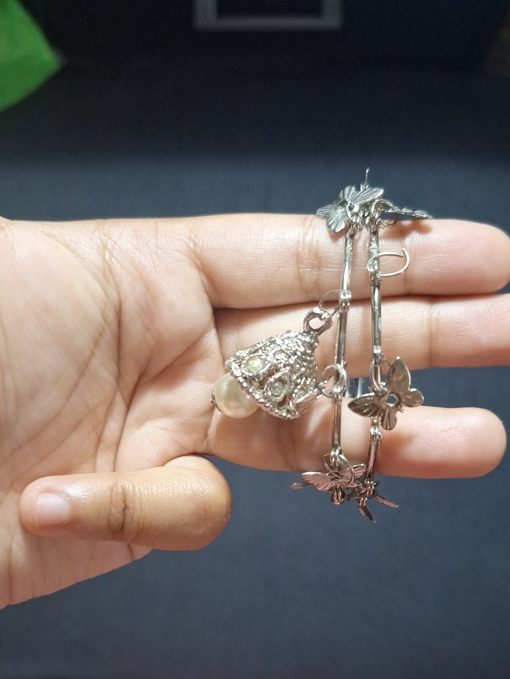 Silver Butterfly Charm Bangle with Pearl Bell